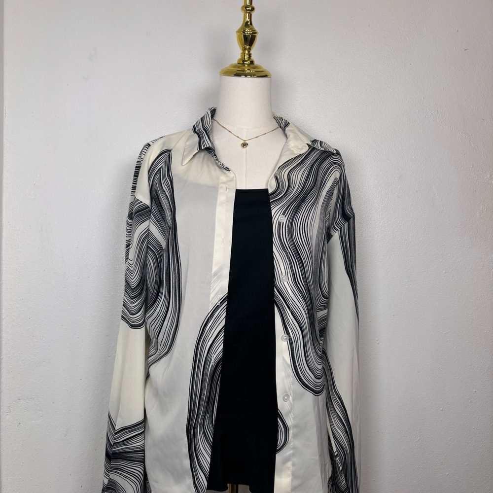 shein black n white abstract swirl button down collared long sleeve vibey blouse